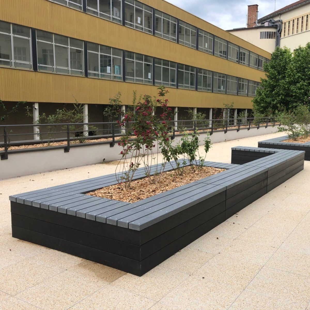 Jardinière urbaine devant bâtiment jaune.
