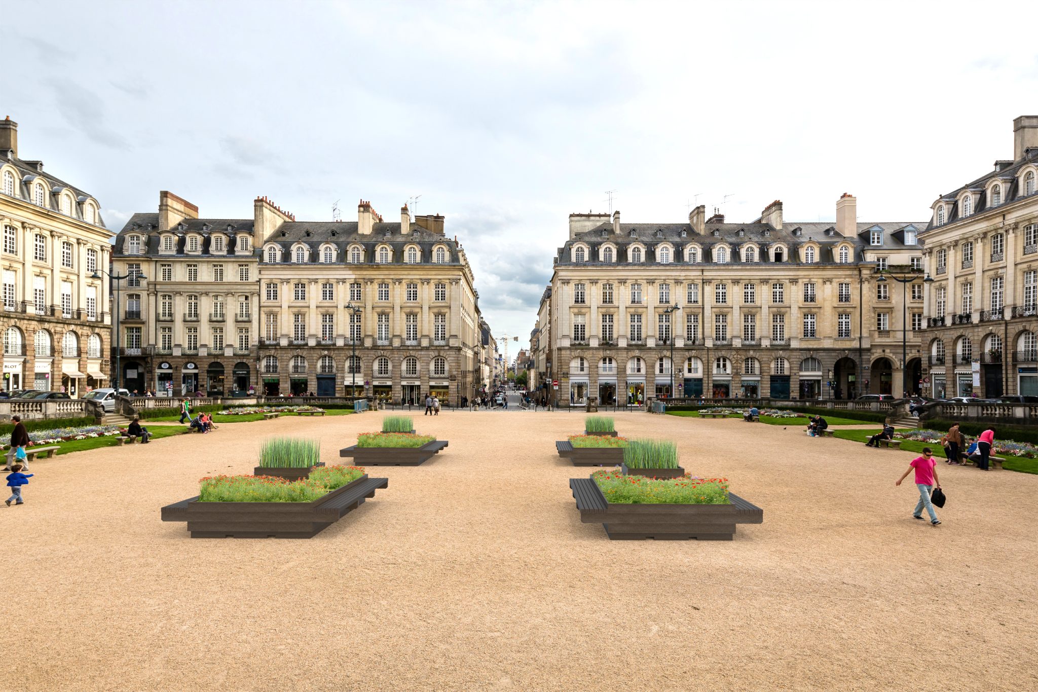 Place publique française, bâtiments classiques, gens détente.