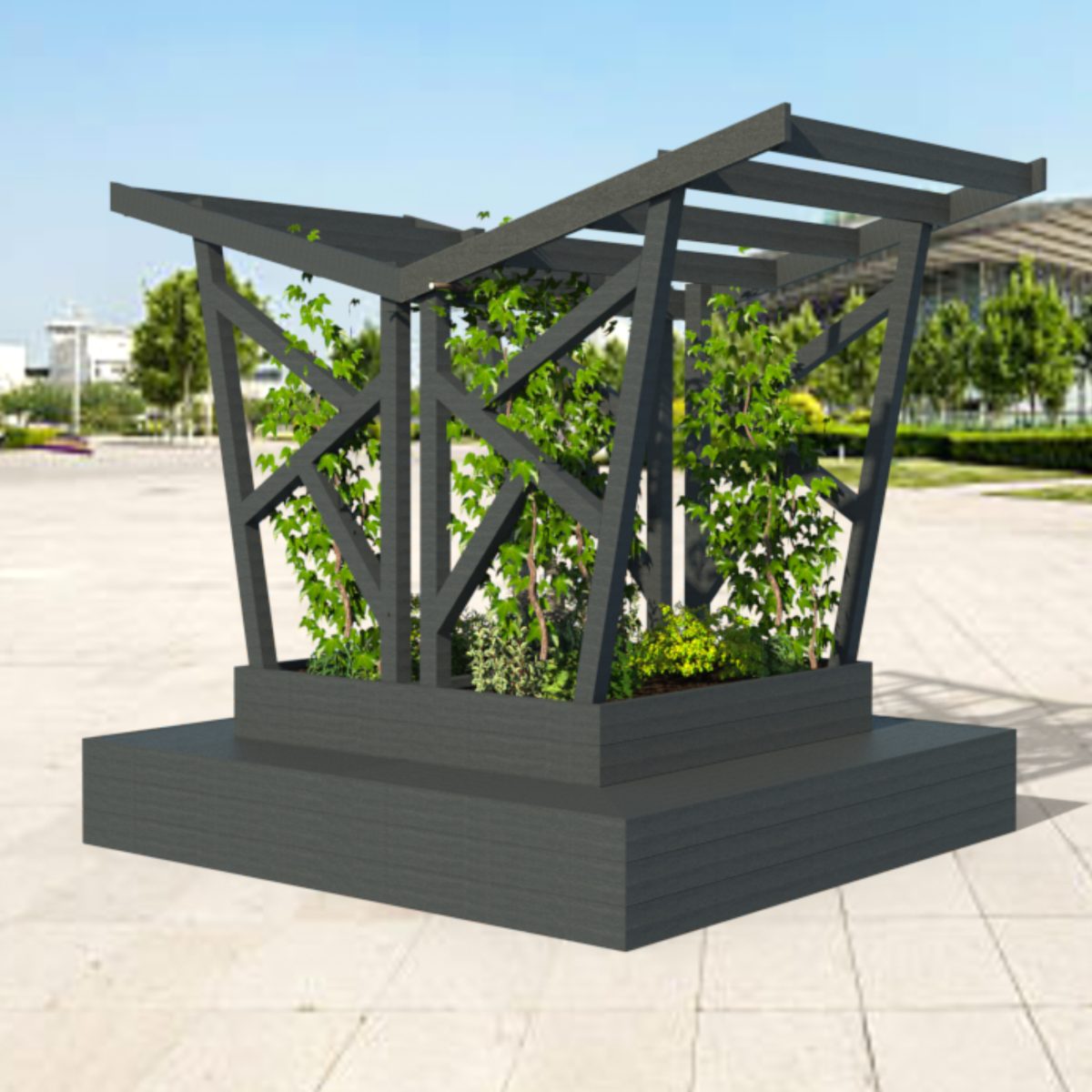 Pergola moderne avec plantes en milieu urbain.