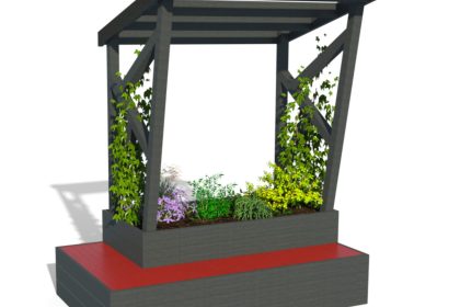 Jardinière urbaine moderne avec pergola et plantes.